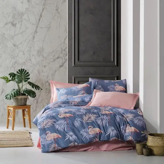 Set Huse Pentru Pilote Bumbac Satinat 200x220cm Dublu Cu 2 Fețe De Pernă Și 1 Cearșaf Albastru