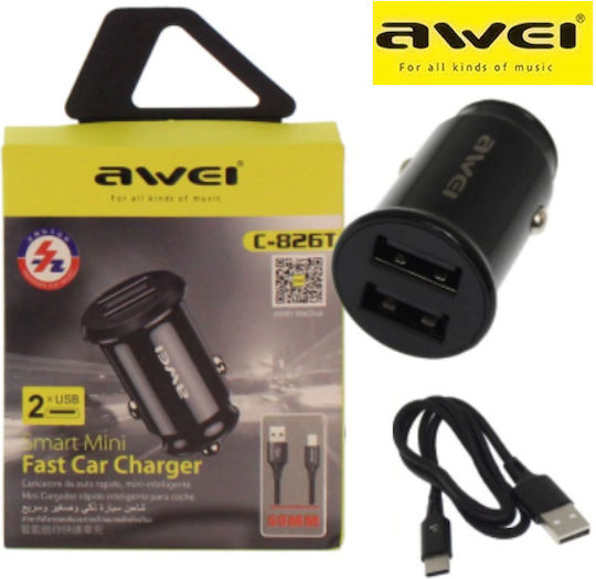Awei Handy-Autoladegerät Schwarz Gesamtstromstärke 2.4a Thüren 2xUSB-A Zusammen Kabeltyp Typ-C 03002awe50bk