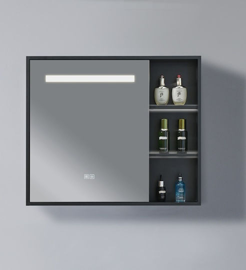 Phoebe Rectangular Bathroom Mirror Led Touch with Shelf and Cabinet 80x70cm Black