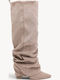 Beige Suede Boots with Wrinkles Block Heel
