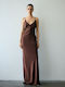 Sommer Maxi Abendkleid Slip Dress Satin Off-Shoulder Cinnamon Braun
