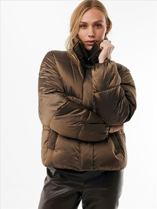 Short Women's Puffer Jacket for Winter Brown
