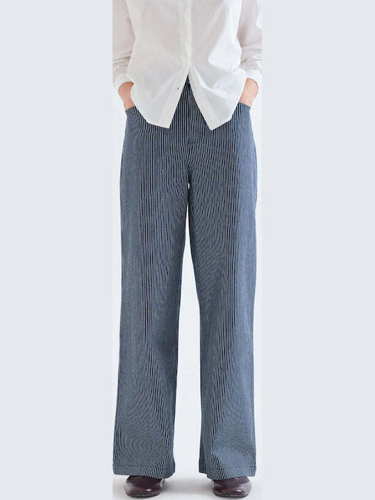 Pantaloni Dama Cu Talie Înaltă Din Țesătură În Croială Regulară White-blue
