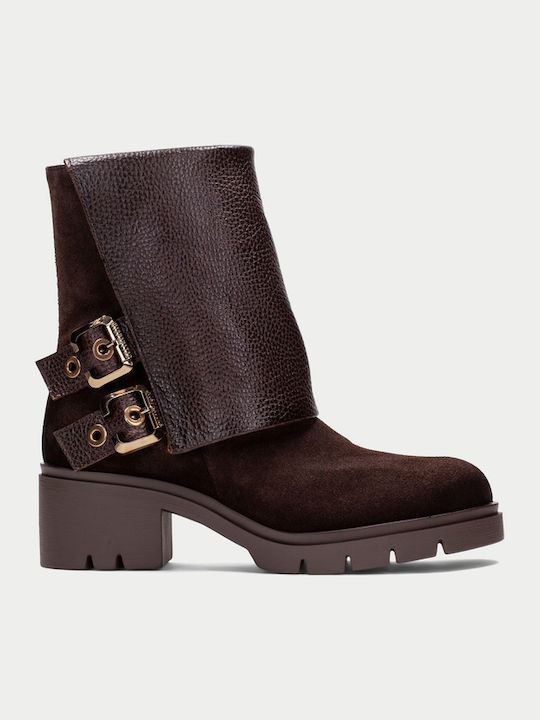Leather Women's Ankle Boots with Mid Heel Brown