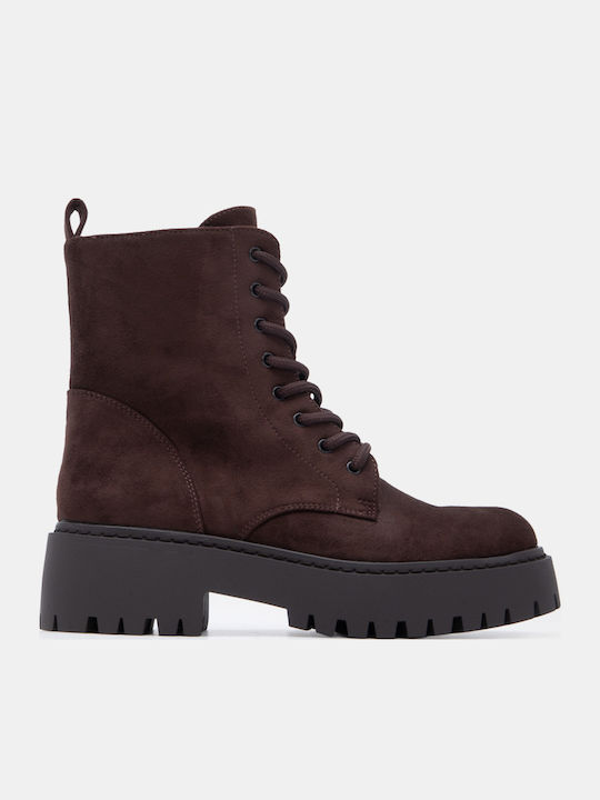 Suede Women's Combat Boots with Medium Heel Brown