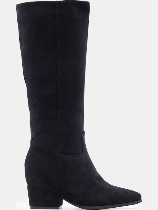 Wildleder Damenstiefel mit mittlerem Absatz Schwarz