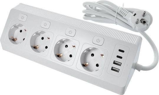 Power Strip 4 Sockets with 2 USB-A, USB-C and 2m Cable