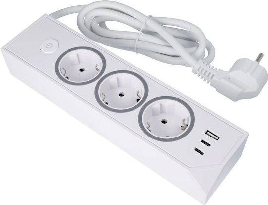 Power Strip 3 Sockets with 1 USB-A, 2 USB-C and 1.5m Cable