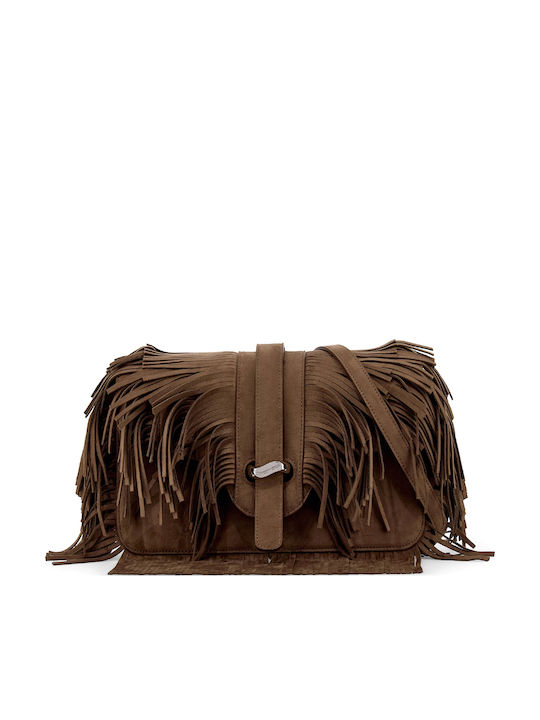 Geantă Dama de Umăr / Crossbody Din Piele Întoarsă Cu Franjuri Maro