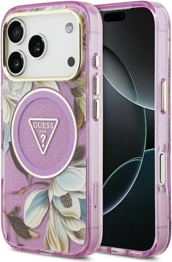 Guess Iml Glitter Flowers Triangle Magsafe Case Iphone 18 Pro 17 Pro Purple