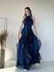 Summer Maxi Dress for Wedding Christening Satin Dark Blue