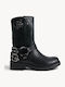 Black Biker Boots With Metal Rings Buckles