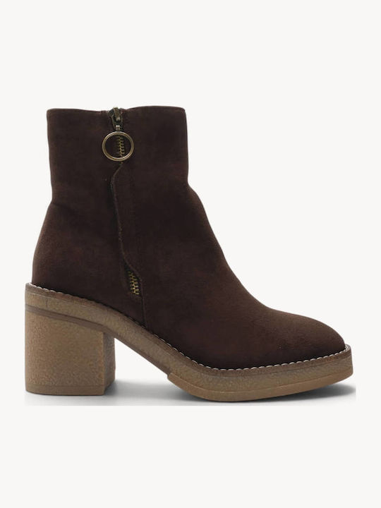 Brown Suede Ankle Boots Decorative Zipper Ring