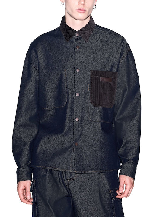 Long Sleeve Denim Shirt in Oversized Line Brown- Blue
