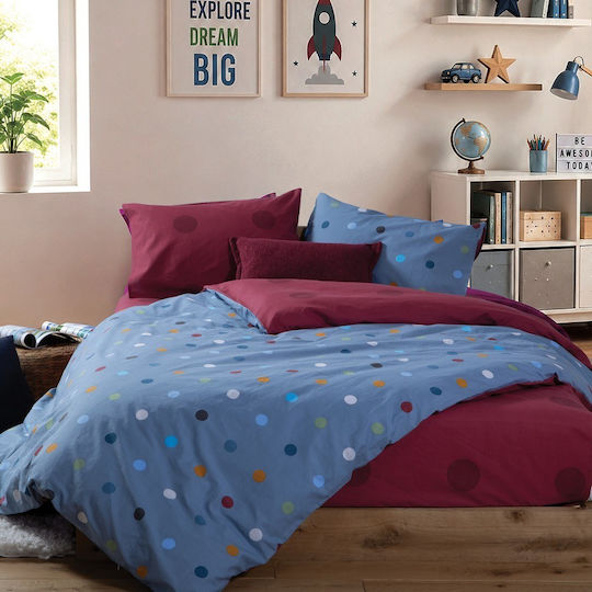 Nef-Nef Homeware Single Fitted Cotton Sheet Set Dots Blue 100x232cm 3 Pieces