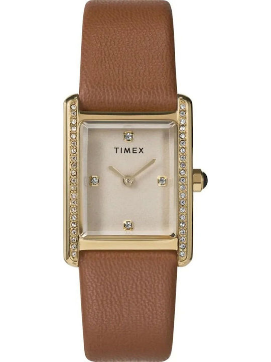 Timex Дамски Часовник 24mm Кварцов с Кафява Кожена Каишка