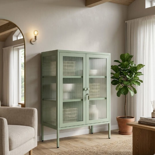 Wohnzimmer Vitrine aus Metallisch mit Verglast & Beleuchtung Pastell Grün 100x40x70cm Wohnzimmer Vitrine aus Metallisch mit Verglast & Beleuchtung Pastell Grün 100x40x70cm
