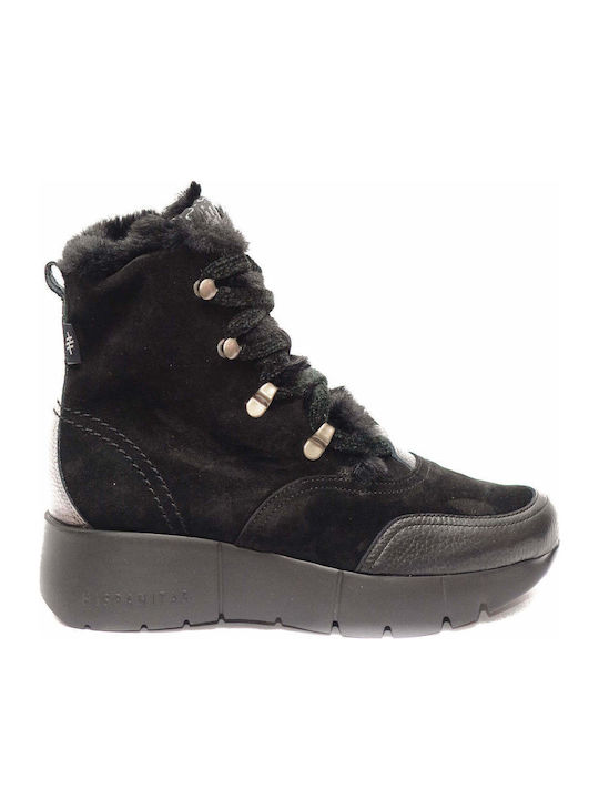 Suede Women's Ankle Boots with Mid Heel & Fur Black