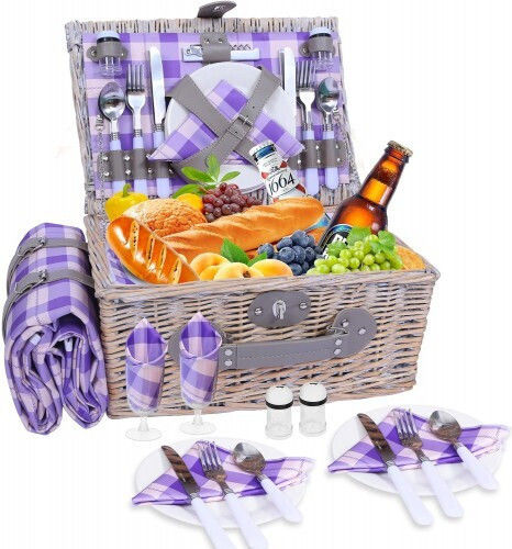 Coș de Picnic Handmade din Răchită Împletitură de Salcie Gc-07 pentru 4 Persoane cu Compartiment Izolat Curea de Umăr Impermeabilă Pătură Inclusă Camping Parc Excursii în Aer Liber Violet Livrare 7-9 Zile