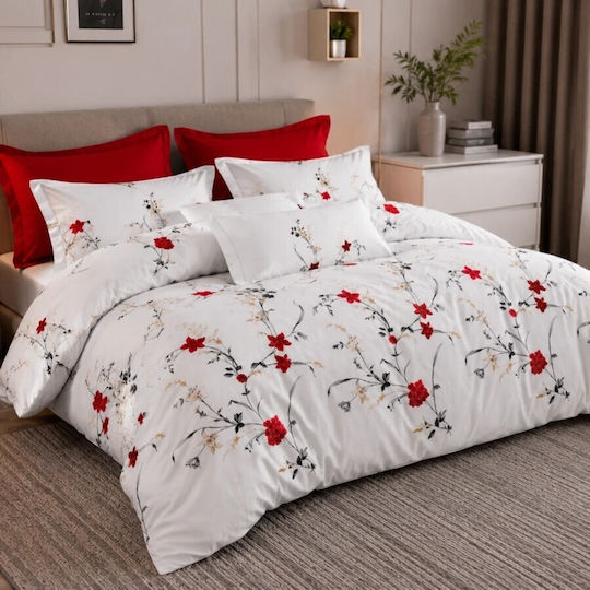 Pucioasa Σετ Παπλωματοθήκη 200x230cm Διπλή με 4 Μαξιλαροθήκες & 1 Σεντόνι Red Flowers