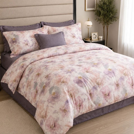 Pucioasa Σετ Παπλωματοθήκη 200x230cm Διπλή με 4 Μαξιλαροθήκες & 1 Σεντόνι Pastel Pink-lilac Flowers