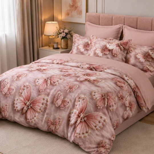 Pucioasa Set Huse Pentru Pilote 200x230cm Dublu Cu 4 Fețe De Pernă Și 1 Cearșaf Fluturi Roz
