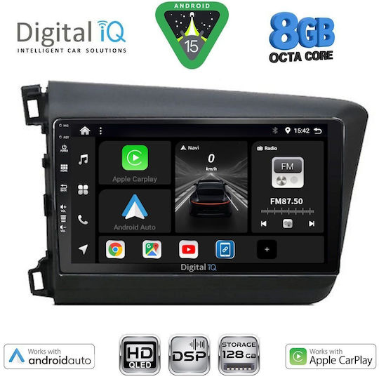 Digital IQ Auto-Audiosystem für Honda Civic 2012-2016 Bluetooth USB Eingebautes Wi-Fi GPS Apple CarPlay Android Auto mit 9 Zoll Touchscreen