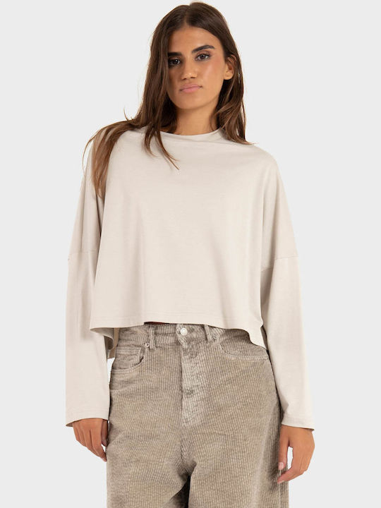 Bluza Damă Crop Top Bumbac Mânecă Lungă Bej