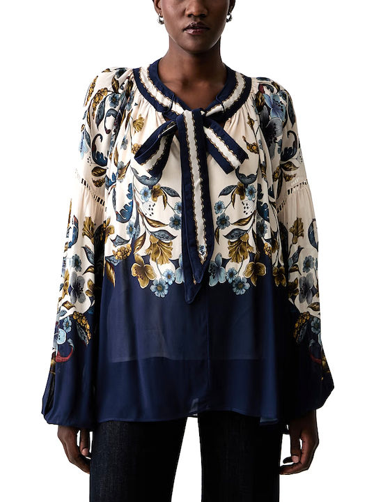 Women's Blouse Long Sleeve Ecru Brown Blue