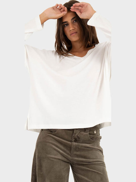 Bluza Damă Bumbac Mânecă Lungă cu Decolteu în V Off White
