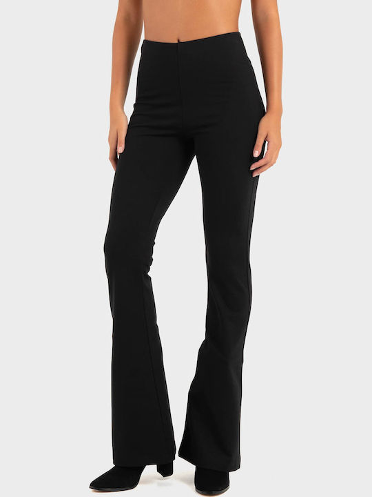 Women's High Rise Fabric Flared Trousers with Rubber Band Black