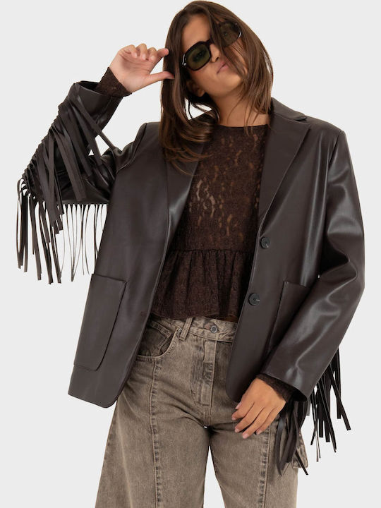 Souvenir Γυναικείο Δερμάτινο Σακάκι Dark Brown