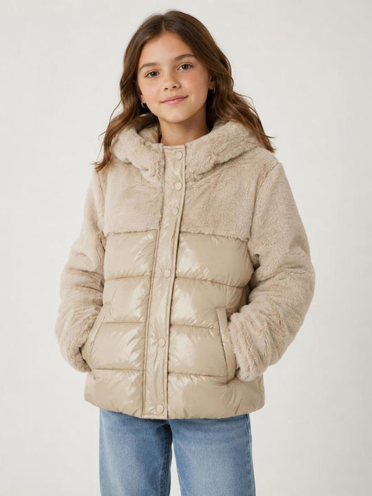 Kids Quilted Short Hooded Jacket Ecru