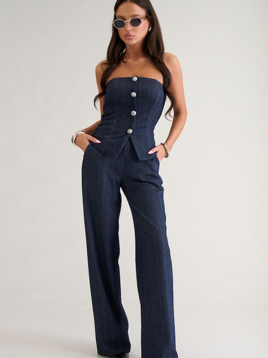 Decoro Women's Dark Blue Kit with Striped Trousers