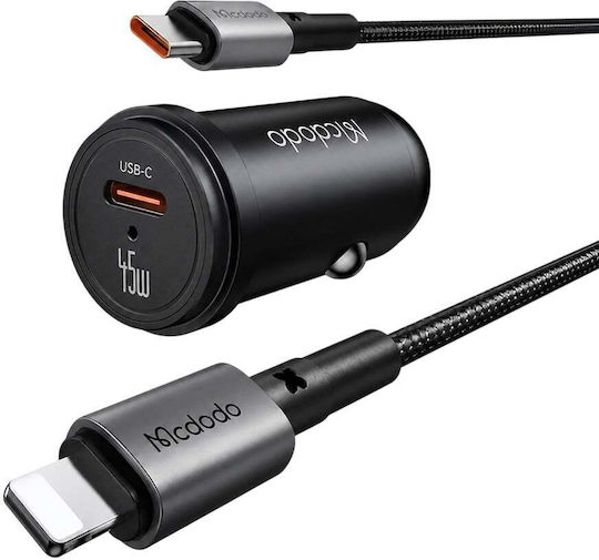 Mcdodo Auto-Ladegerät 45W 3A mit Einer Buchse 1xType-C zusammen mit Kabeltyp Type-C / Blitzschlag Schwarz Farbe