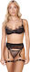 Lace Bra Set String Panties Garter Stockings Black