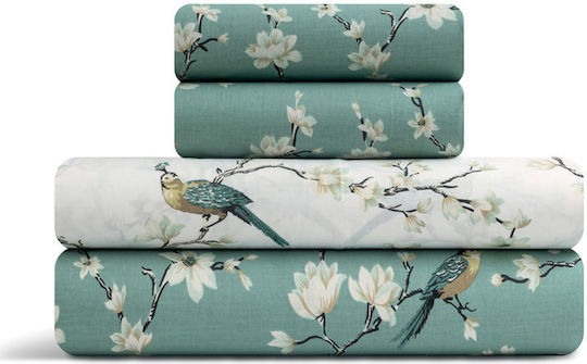 Lino Home Parrots Подредба Чаршафи King Size 260x270см Петролени 4 Бройки