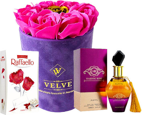 Set Femei Aranjament Floral Săpun Trandafiri În Cutie Catifea Mov Riiffs Parfum Majestic Rose Praline Raffaello Roz