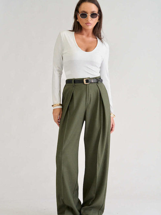 Decoro Decoro Damen Hochbund Stoff Hose Khaki