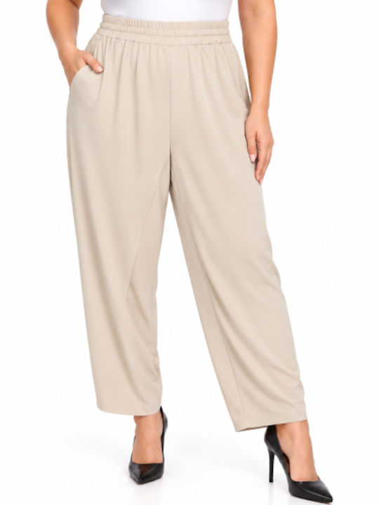 Women's Fabric Trousers with Rubber Band in Regular Fit Beige WH-41531-27TR-BEIGE