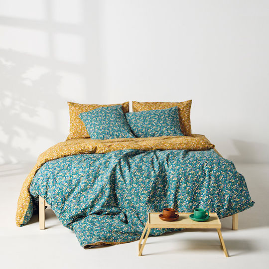 Kentia Set Duvet Cover Cotton 165x245cm Single with Pillowcase Fay Petrol-Mustard