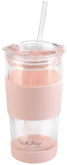 Vialli Design Thermos Glass Cup 600ml Pink with Straw and Handle