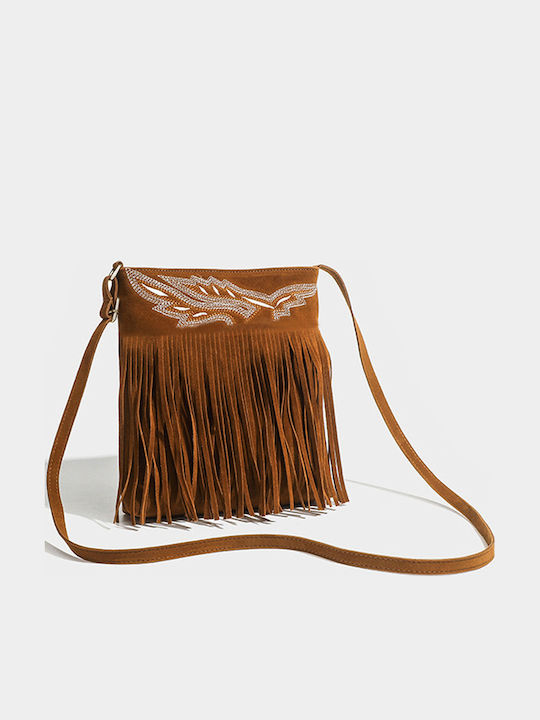 Geantă de Umăr / Crossbody din Piele Întoarsă cu Franjuri Maro