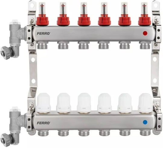 Ferro F-comfort Colector din Oțel Inoxidabil cu 12 Ieșiri Valvule Termostatice Debitmetre Aerisitor Manual Supapă de Golire C.o C.w.u