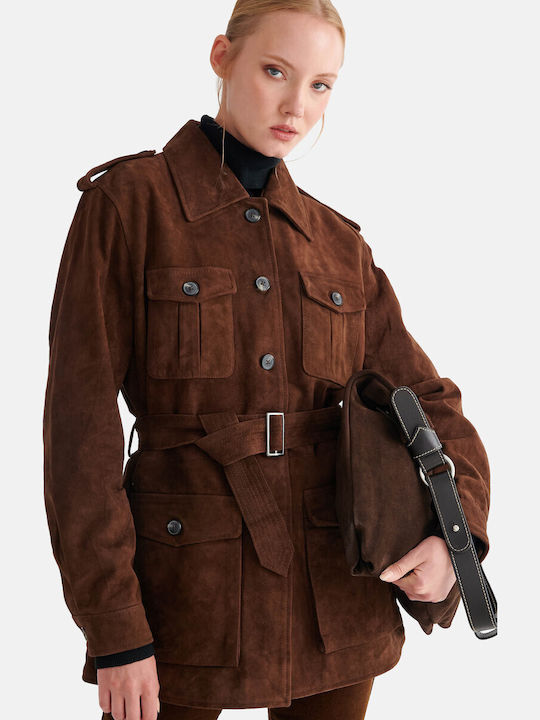 Suede Women's Jacket for Winter Brown