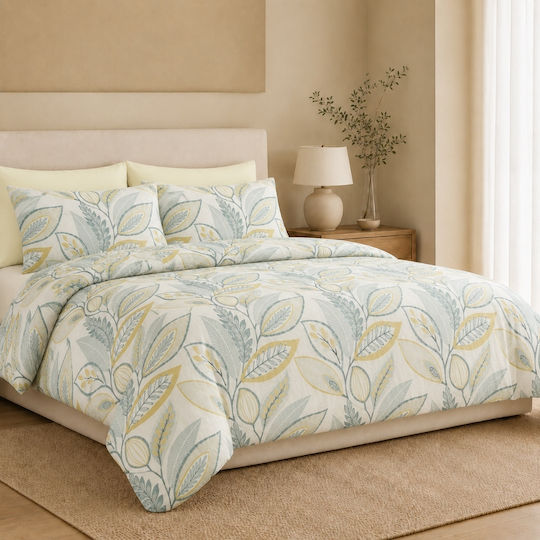 My Home Luxury Set Huse Pentru Pilote Aqua 220x240cm Supradublu Cu 4 Fețe De Pernă & 1 Cearșaf Aqua Leaves