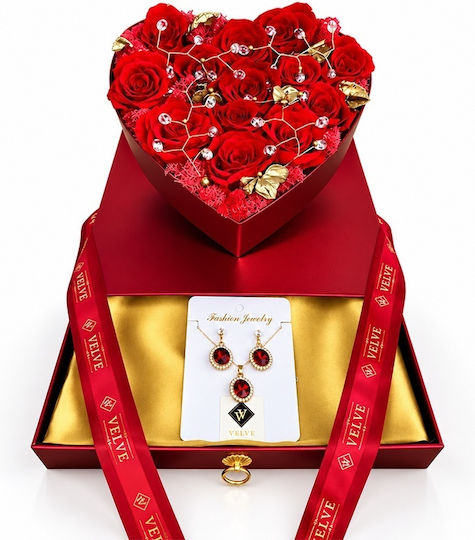 Set Premium De Lux Aranjament Inima Cu 13 Trandafiri Criogenați Set Bijuterii Eșarfă Fină În Cutie Roșie Sertar Plexiglas