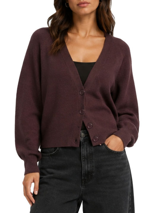 Lange Gestrickte Damen Strickjacke mit Knöpfen Burgundisch