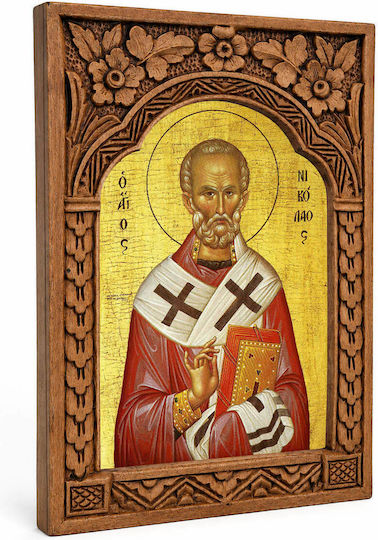 Heiligenikone St. Nikolaus Holzrahmen Myroryllo 16cm