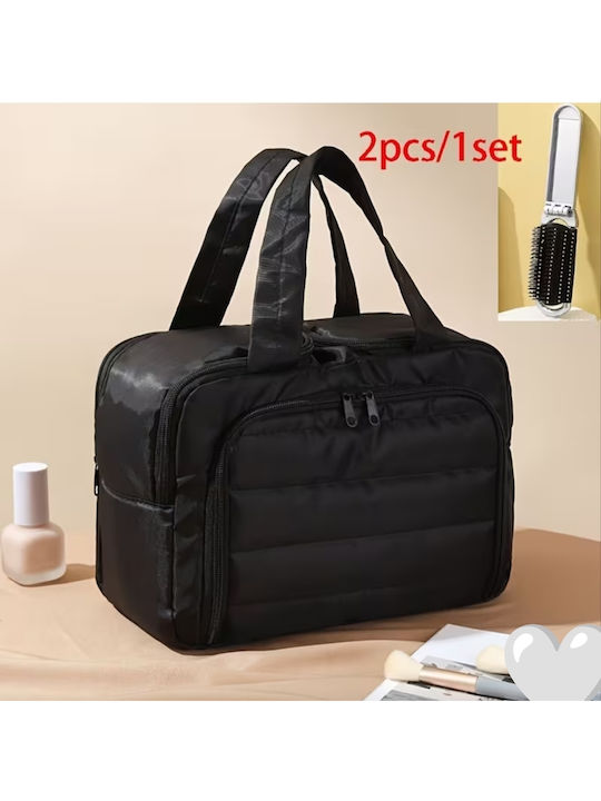 Geantă Mare Neseser De Cosmetice Pentru Organizare Călătorii Mâner Negru + Perie De Păr Pliabilă